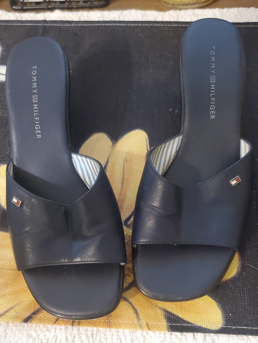 Tommy Hilfiger Navy Leather Slide Sandals with Logo Accent